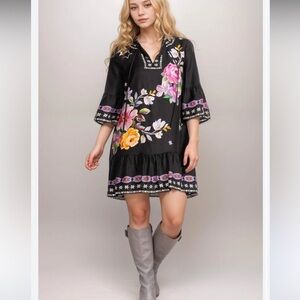 New Jade Johnny Was silk  Black Floral Mini Dress size S